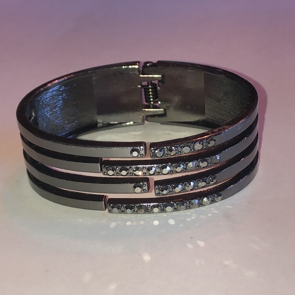 Dark Metal Black Multi-Row Crystal Accent Cuff Bracelet